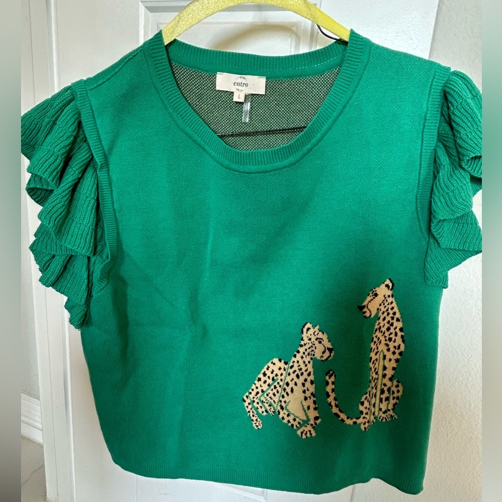 Emerald Jaguar Crop Sweater with Flutter Sleeve